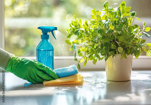 Cleaning home table sanitizing kitchen table surface with disinfectant spray bottle washing surfaces with towel and gloves photo