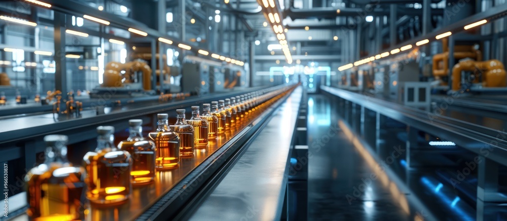 Rows of transparent amber glass bottles lined up in a busy industrial factory warehouse showcasing the production storage and distribution of various chemical oil Rows of transparent amber glass bottles lined up in a busy industrial factory warehouse showcasing the production storage and distribution of various chemical oil