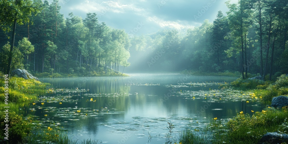 Obraz premium Serene Forest Lake with Sunbeams and Lily Pads
