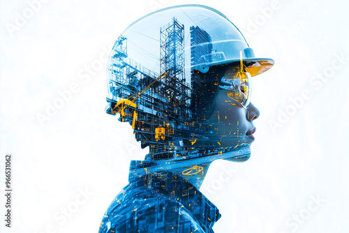 Futuristic construction worker's face overlaid with digital architecture, high-tech ambiance