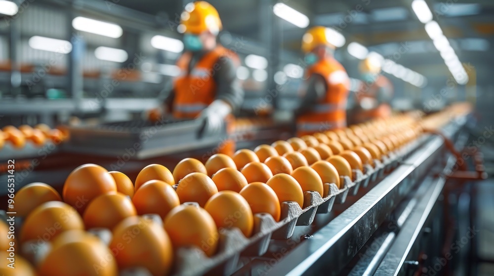 Fototapeta premium Rows of fresh eggs moving along an automated conveyor belt in a modern industrial food processing and packaging facility