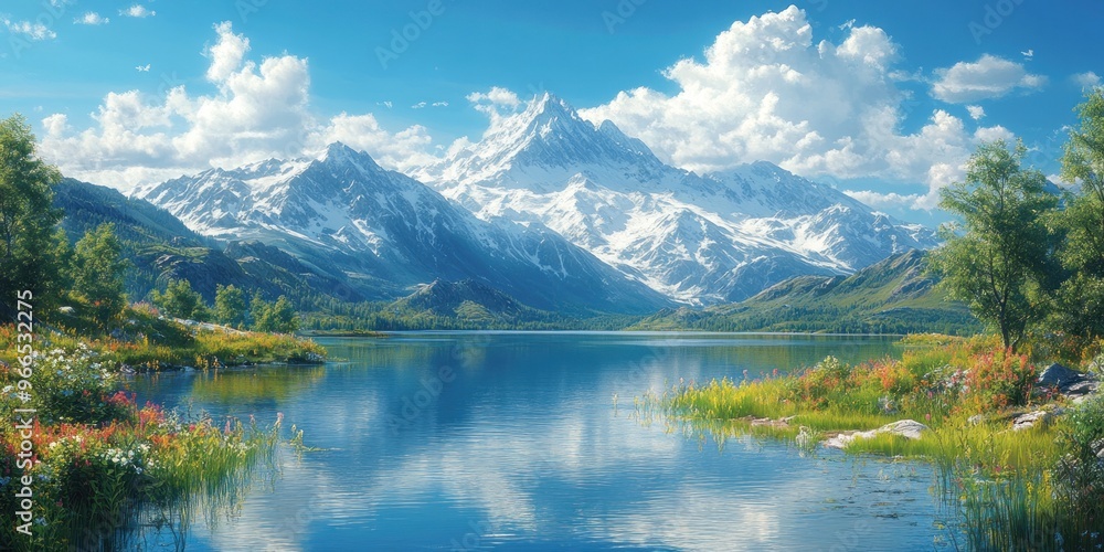 Fototapeta premium Serene Mountain Lake with Snow-Capped Peaks and Lush Greenery