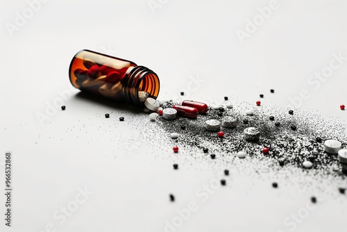 A tipped pill bottle spills colorful tablets and powder onto a light surface, illustrating the potential hazards of medication mishandling photo