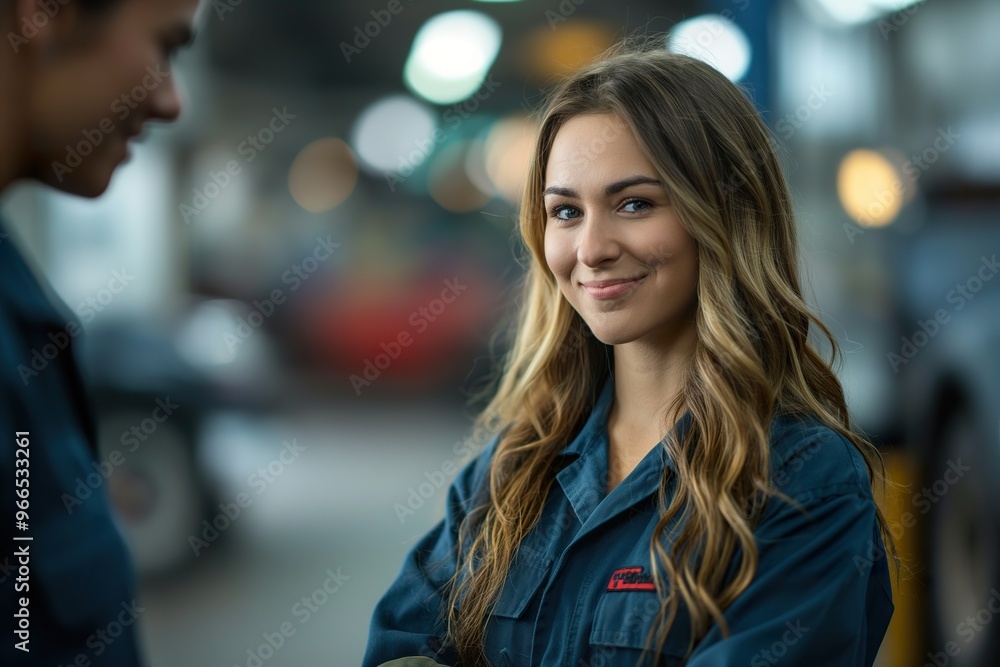 An auto mechanic engages in a friendly conversation with a satisfied customer at a busy repair shop on a sunny afternoon An auto mechanic engages in a friendly conversation with a satisfied customer at a busy repair shop on a sunny afternoon