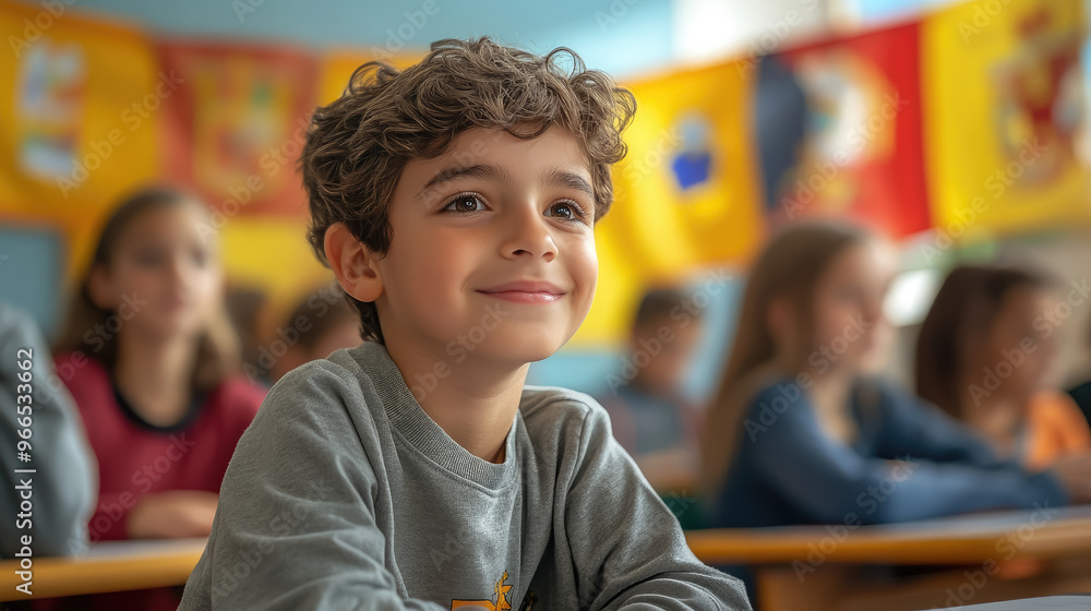 Child sitting at desk in spanish class in language school, flags of different countries on wall, multiculturalism, hispanic heritage, schoolchild, kid, education, foreign language, study, knowledge Child sitting at desk in spanish class in language school, flags of different countries on wall, multiculturalism, hispanic heritage, schoolchild, kid, education, foreign language, study, knowledge