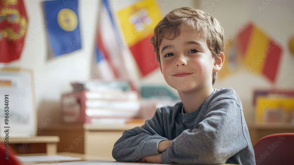 Child sitting at desk in spanish class in language school, flags of different countries on wall, multiculturalism, hispanic heritage, schoolchild, kid, education, foreign language, study, knowledge Child sitting at desk in spanish class in language school, flags of different countries on wall, multiculturalism, hispanic heritage, schoolchild, kid, education, foreign language, study, knowledge