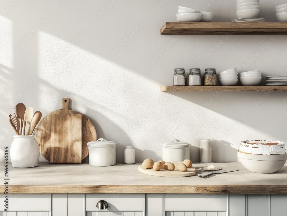 A kitchen counter with a wooden board and a bowl of cake on it. The counter is also filled with various kitchen items such as bowls, spoons, and a cake pan. Scene is warm and inviting A kitchen counter with a wooden board and a bowl of cake on it. The counter is also filled with various kitchen items such as bowls, spoons, and a cake pan. Scene is warm and inviting