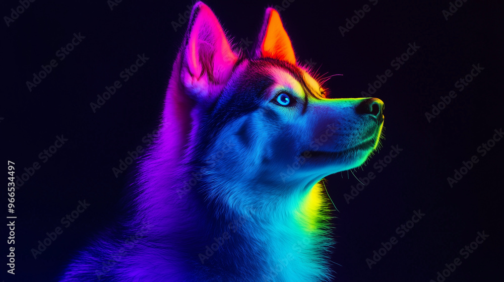 portrait of siberian husky with neon rainbow portrait of siberian husky with neon rainbow