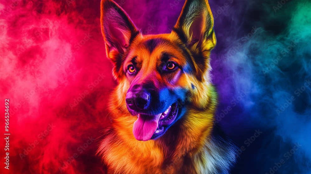 portrait of german shepherd with neon rainbow portrait of german shepherd with neon rainbow