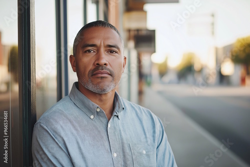 Middle-aged Hispanic man standing outdoors on a city street, looking confident and serious. Ideal for themes of self-assurance, urban lifestyle, professional focus, or neighborhood pride