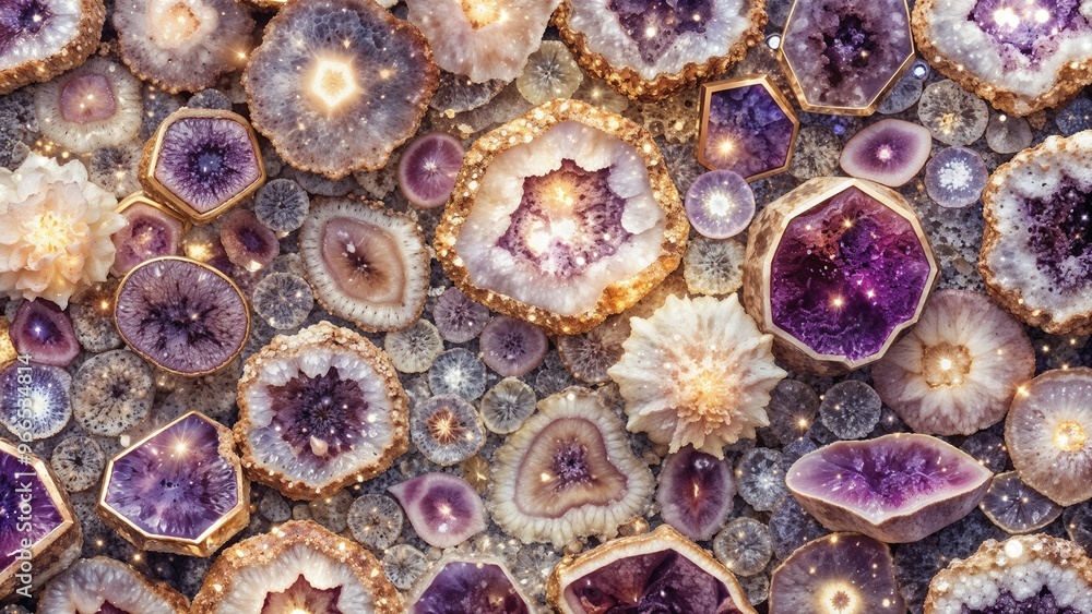 Geode with sparkling crystals inside, vibrant textures creating a natural wonder, copy space Geode with sparkling crystals inside, vibrant textures creating a natural wonder, copy space
