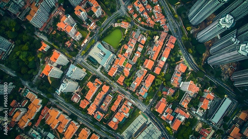 Aerial View of a Cityscape with Buildings, Roads, and Trees photo