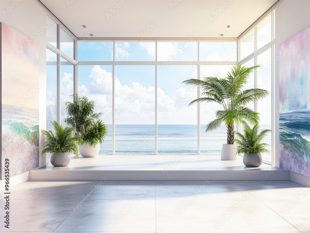Fototapeta premium A large window with a view of the ocean and a room with a white floor and white walls