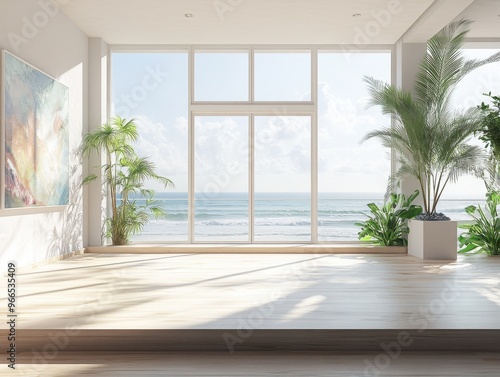 A large window overlooks the ocean, with a potted plant and a painting on the wall. The room is empty, with a wooden floor and a white wall. Scene is calm and serene, with the ocean photo