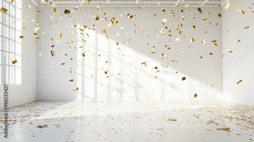 gloden confetti flow in the air in white room for bacground photo