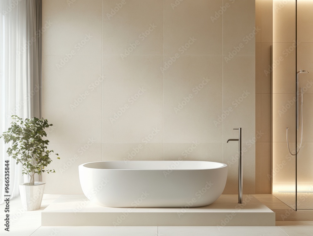 A white bathtub sits in front of a wall with a plant. The bathroom is clean and well-lit, giving off a calm and relaxing atmosphere