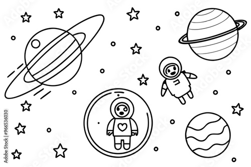 Explore the Cosmos Space-Themed Page with Floating Planets, Rockets, and Astronauts