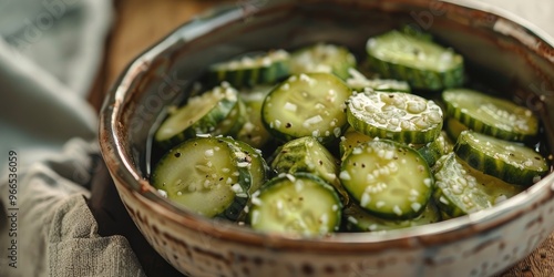 Focus on salted cucumbers in a bowl with selective attention to fermented cucumbers and their probiotic benefits