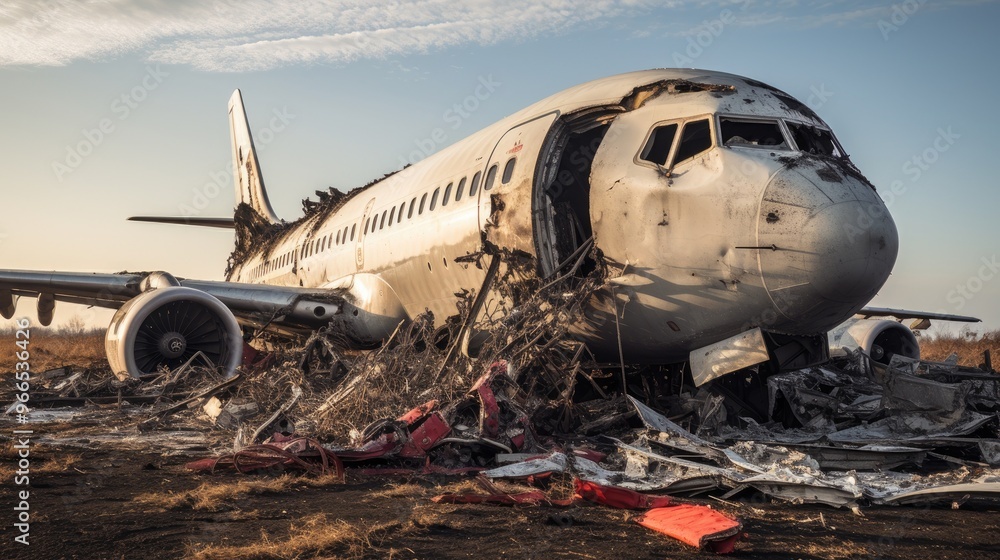 A charred and broken airplane fuselage sits in a field, a reminder of a tragic accident. A charred and broken airplane fuselage sits in a field, a reminder of a tragic accident.