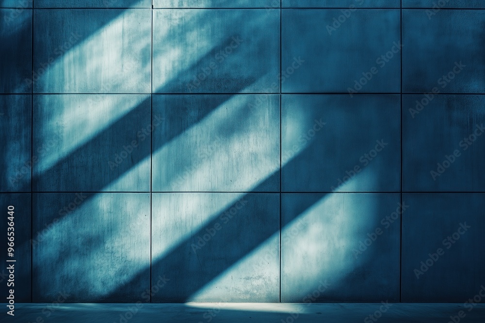 Fototapeta premium Dark blue sunlit tiled wall with shadows from the window. Abstract trendy grunge background.