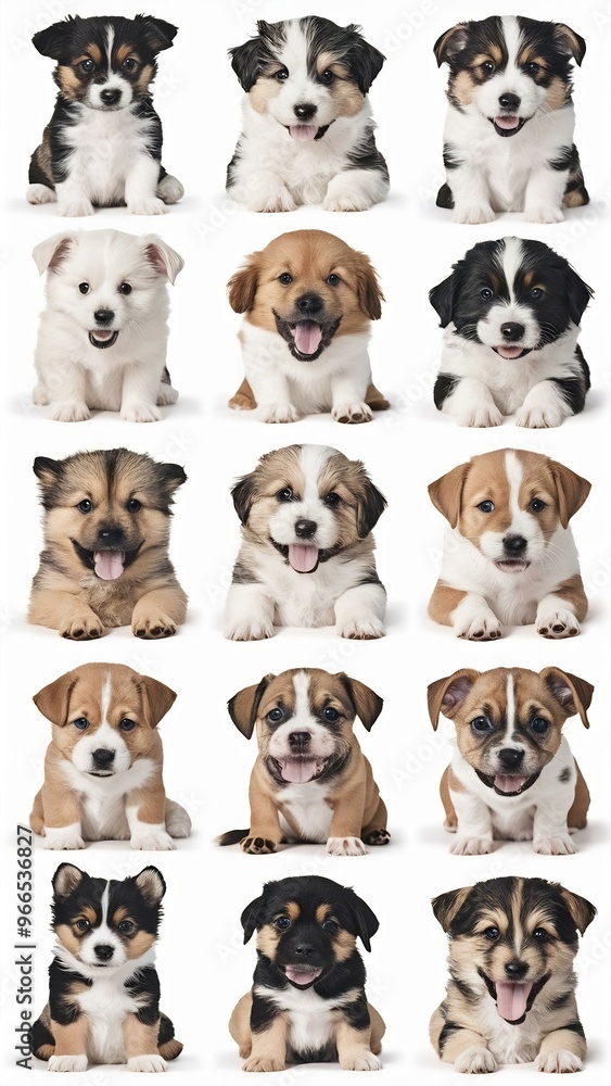 Fototapeta premium Collection of various mixed breed puppies on white background
