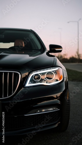 The headlights and the hood of a black luxury car.