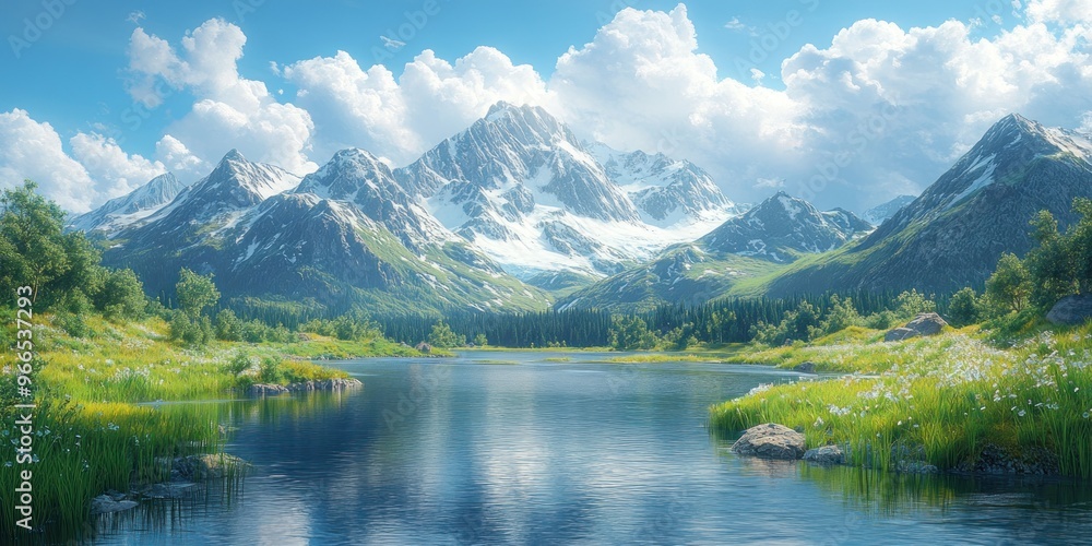 Tranquil Mountain Lake with Snow-Capped Peaks Tranquil Mountain Lake with Snow-Capped Peaks