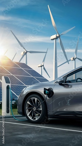 Electric car charging with solar panels and wind turbines