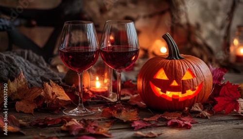 Charming halloween decor featuring glowing carved pumpkins and wine glasses amidst autumn leaves photo