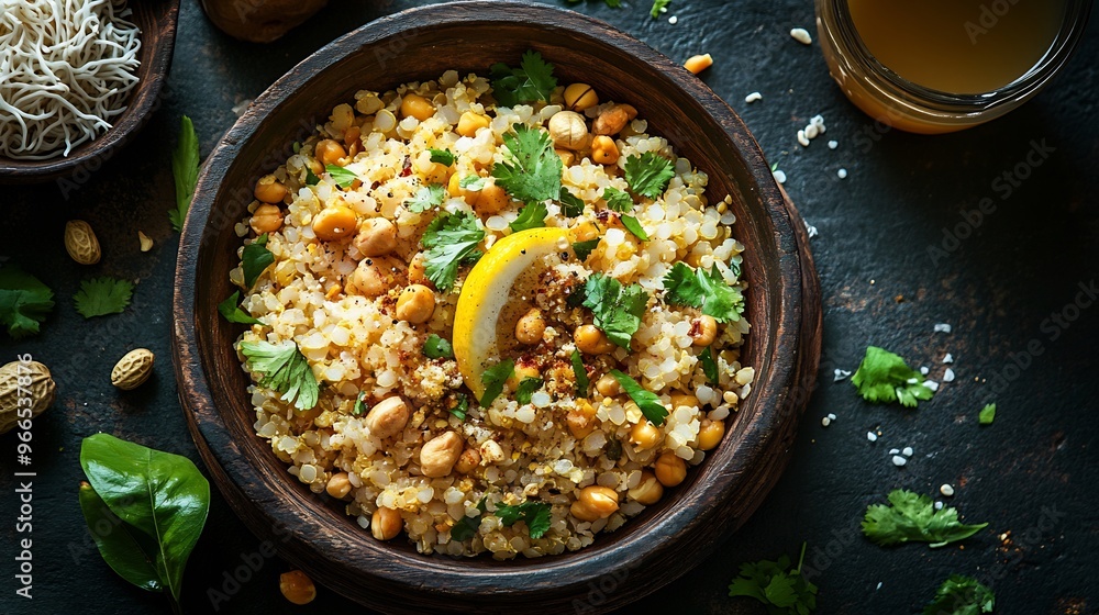 Fluffy poha garnished peanuts curry leaves and lemon served with sev and a side of chai Fluffy poha garnished peanuts curry leaves and lemon served with sev and a side of chai