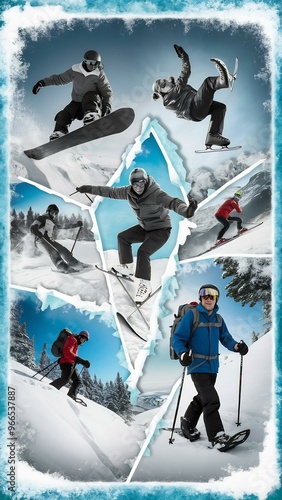Winter sports collage with skiing, snowboarding, and skating