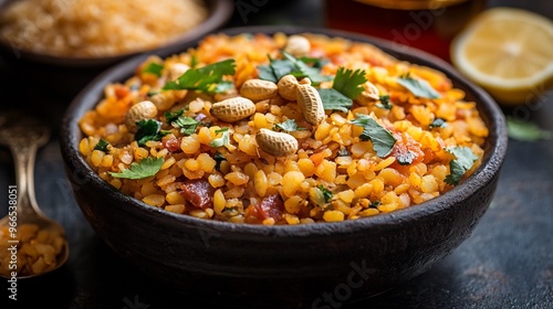 Fluffy poha garnished peanuts curry leaves and lemon served with sev and a side of chai