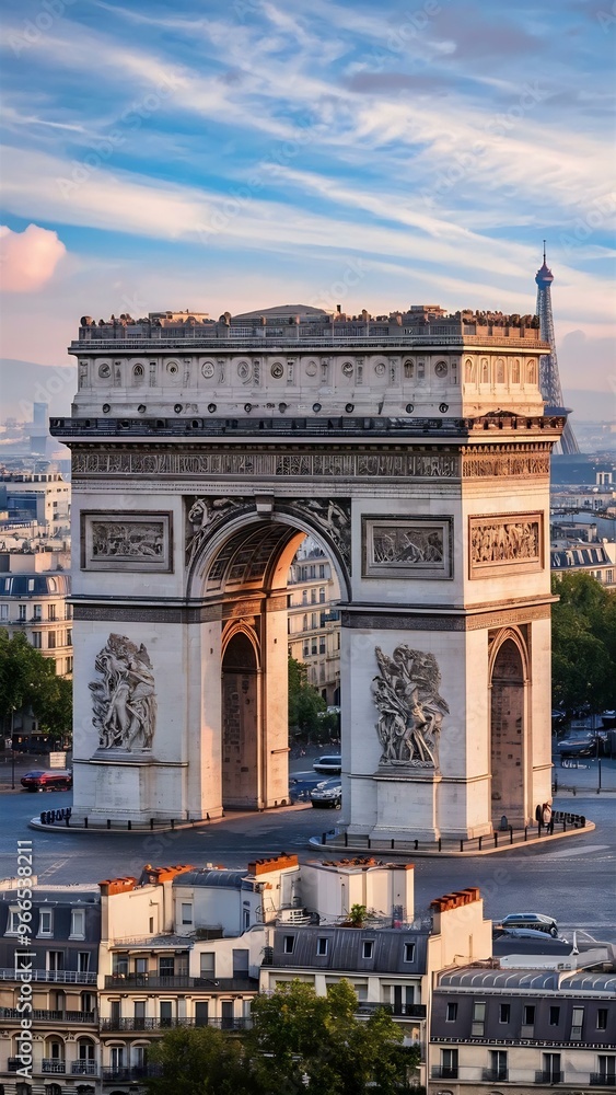 Naklejka premium Arc de Triomphe in Paris with Eiffel Tower in background