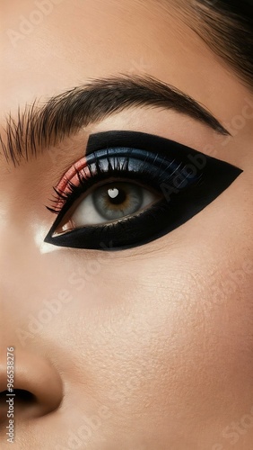 Close up eye with fashion art on stahe make up. fashion make up and excentric glamour concept. rnbow make up photo