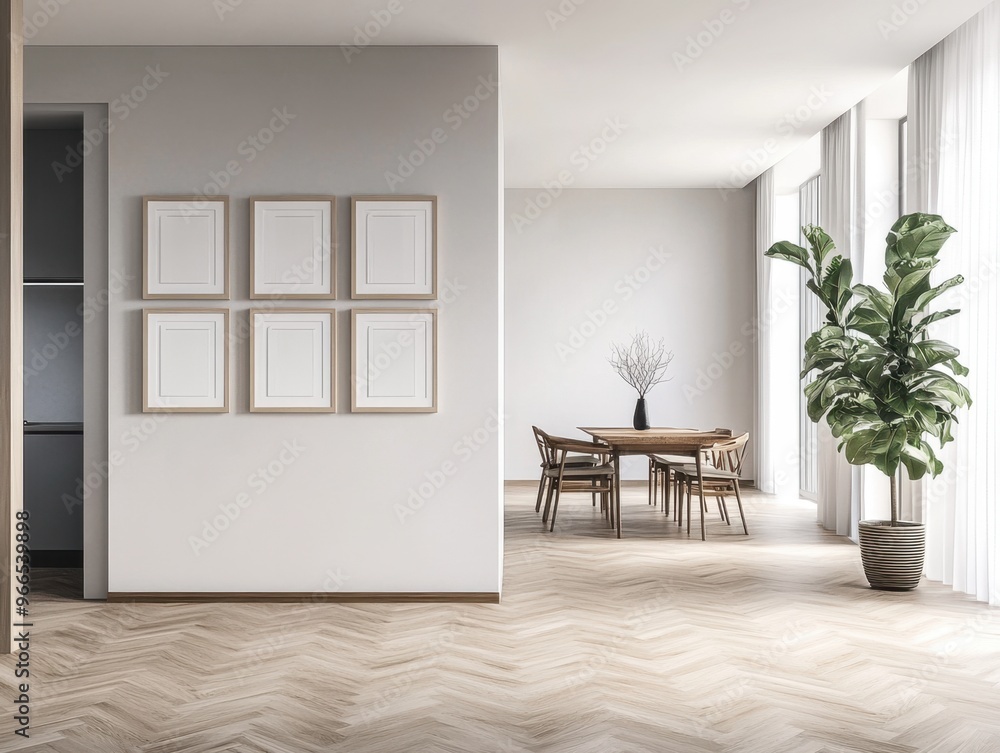 Fototapeta premium A large open room with a white wall and a black refrigerator. A potted plant is in the corner of the room. There are six pictures on the wall, and a dining table with chairs. The room has a modern