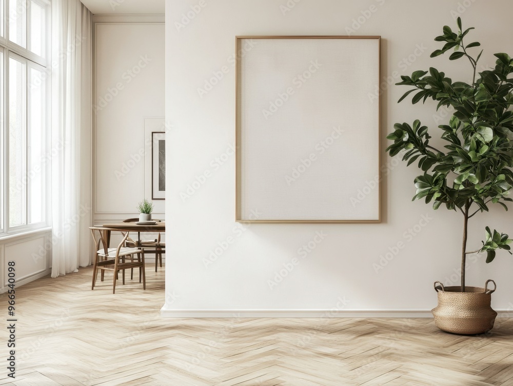 A white room with a large framed picture on the wall and a potted plant in the corner. The room has a clean and minimalist feel, with a focus on the white walls and the large picture A white room with a large framed picture on the wall and a potted plant in the corner. The room has a clean and minimalist feel, with a focus on the white walls and the large picture