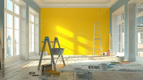 Empty Room Under Renovation with Yellow Wall and Tools photo