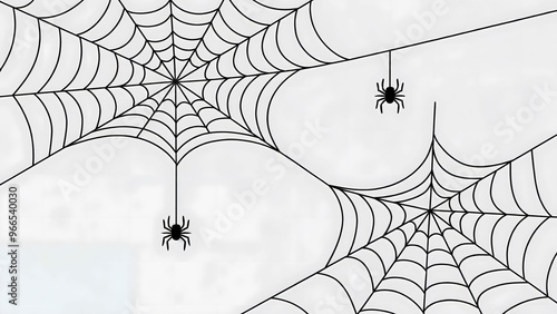 Minimalistic Illustration of Two Hanging Spiders on Symmetrical Webs Against a Plain Background photo