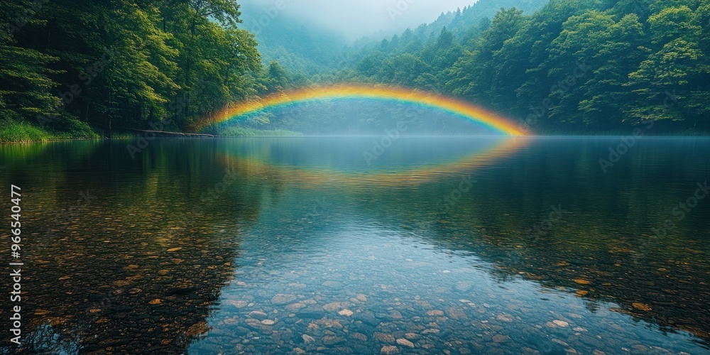 A Rainbow Arcs Over a Tranquil Lake Surrounded by Lush Green Trees A Rainbow Arcs Over a Tranquil Lake Surrounded by Lush Green Trees