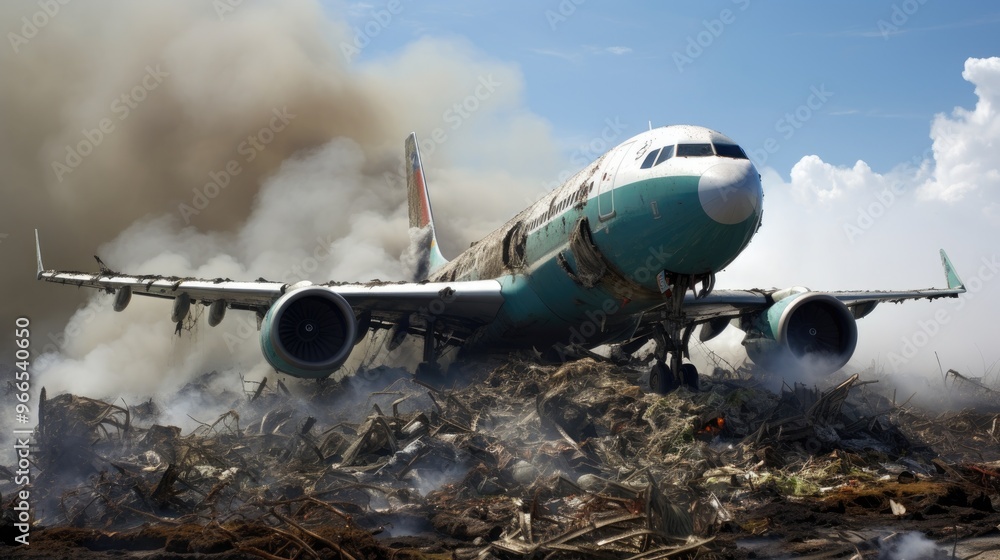 A large airplane sits on the ground, surrounded by debris and smoke. The plane is damaged, and the smoke is billowing from the wreckage. A large airplane sits on the ground, surrounded by debris and smoke. The plane is damaged, and the smoke is billowing from the wreckage.