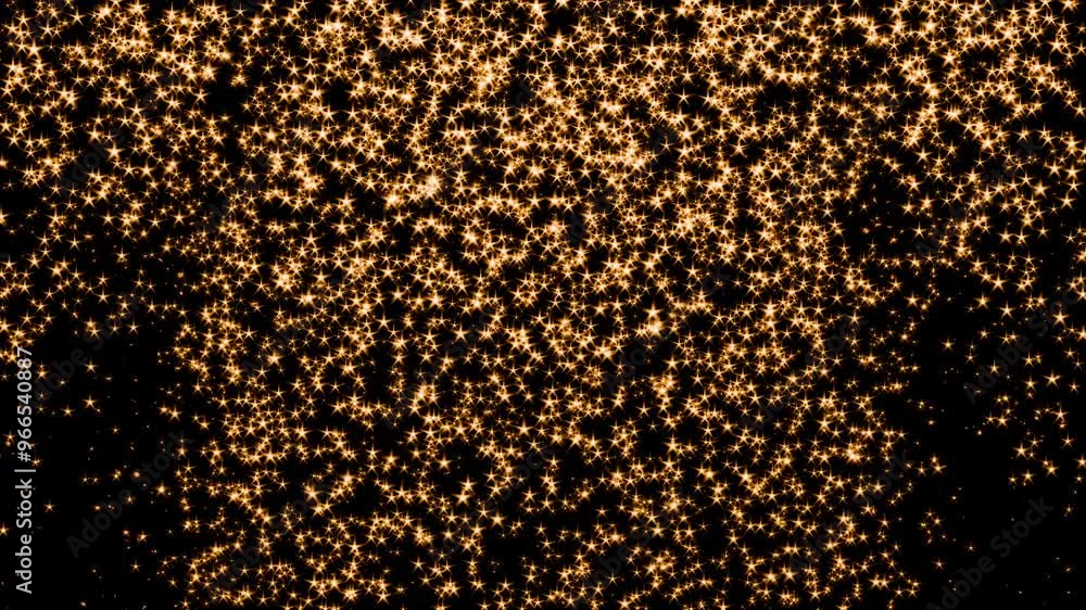 Glowing golden stars with light rays on black background falling down seamless loop 3d render. Sparkling yellow stars particles backdrop elements for award ceremony, greeting card or celebration Glowing golden stars with light rays on black background falling down seamless loop 3d render. Sparkling yellow stars particles backdrop elements for award ceremony, greeting card or celebration