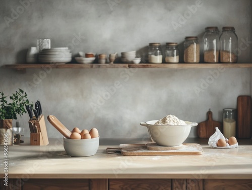 A kitchen counter with a bowl of flour and a bowl of eggs. The counter is also holding a wooden cutting board and a knife