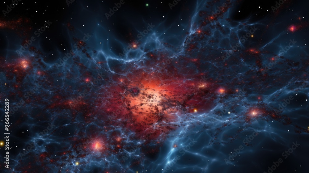 A mesmerizing cosmic nebula, swirling with vibrant hues of red and blue, illuminates the vast expanse of space. A mesmerizing cosmic nebula, swirling with vibrant hues of red and blue, illuminates the vast expanse of space.