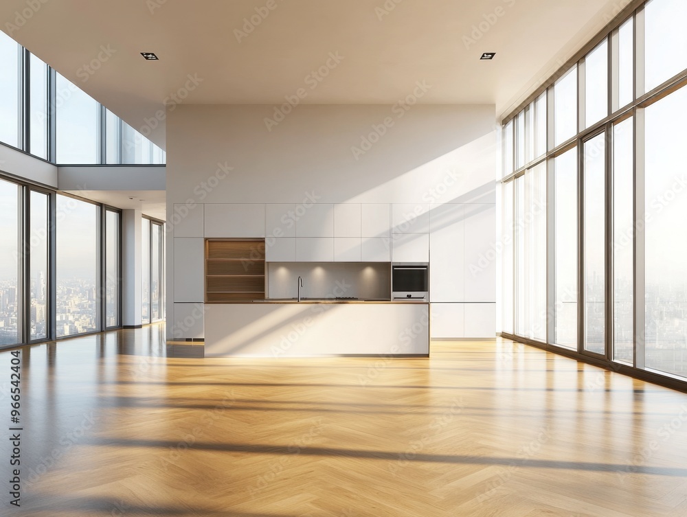 A large open kitchen with a white countertop and cabinets. The kitchen is empty and has a clean, modern look A large open kitchen with a white countertop and cabinets. The kitchen is empty and has a clean, modern look