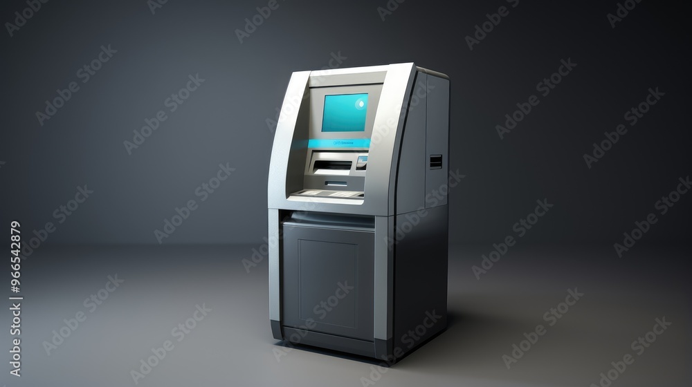 A modern ATM machine stands isolated against a dark background, its sleek design and bright screen creating a stark contrast. A modern ATM machine stands isolated against a dark background, its sleek design and bright screen creating a stark contrast.