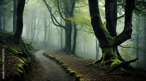 A misty forest path winds through towering trees, their branches draped in moss and sunlight filtering through the canopy.