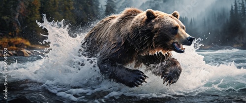 A powerful grizzly bear roars as it charges through the rushing river rapids, water splashing around its massive frame. This dramatic scene captures the raw power and wildness of nature, perfect for photo