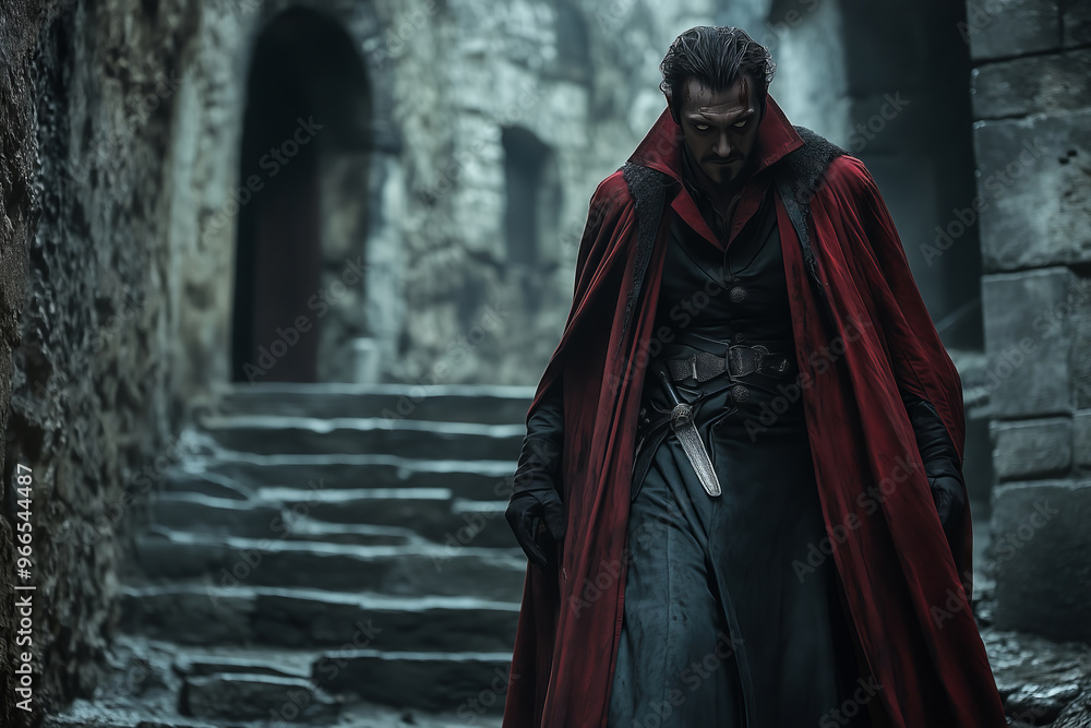Dracula casts a powerful spell in a dimly lit, ancient stone village at night, his ominous presence commanding the shadows Dracula casts a powerful spell in a dimly lit, ancient stone village at night, his ominous presence commanding the shadows