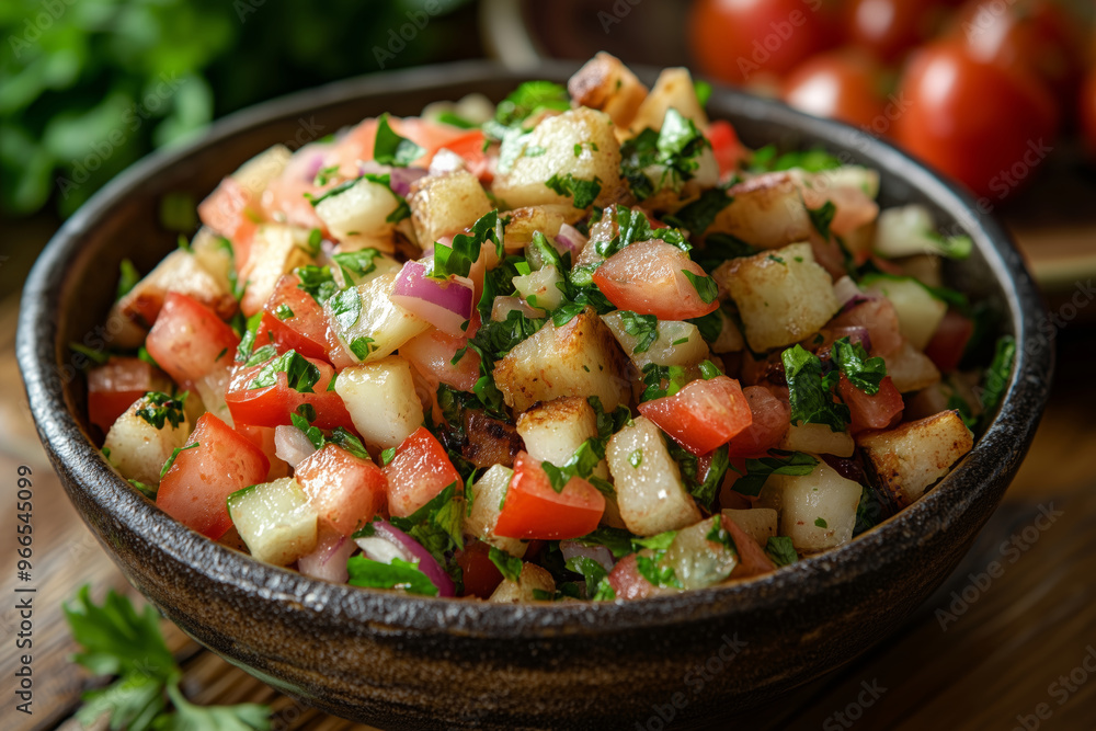 Vibrant Lebanese fattoush salad bursting with fresh vegetables and herbs, a colorful dish evoking the essence of Mediterranean cuisine Vibrant Lebanese fattoush salad bursting with fresh vegetables and herbs, a colorful dish evoking the essence of Mediterranean cuisine