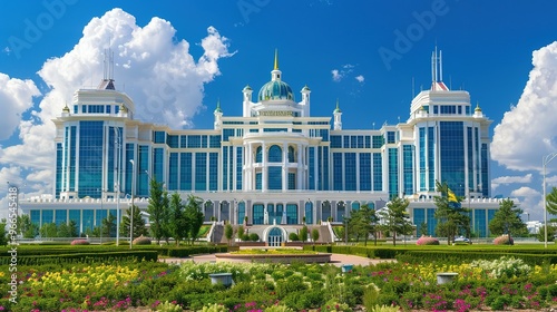 Modern Architectural Building with Gardens and Blue Sky